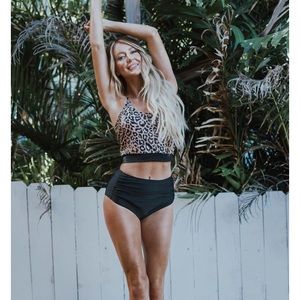 Coral Reef Leopard Lounger Top & Black High Waisted Bottoms